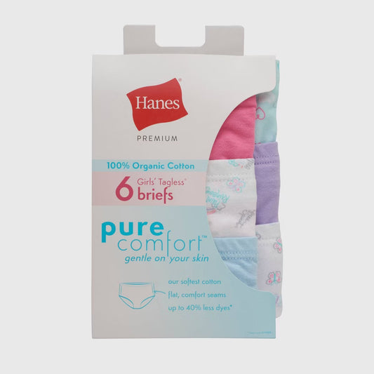 6 pk Hanes Pure Comfort 100% Organic Cotton tagless Briefs Girls size 12