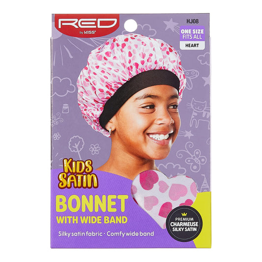 Red by Kiss Kids Satin Bonnet with Wide Band, Sleep Cap for Kids, Bonnet for Boys and Girls (Heart)